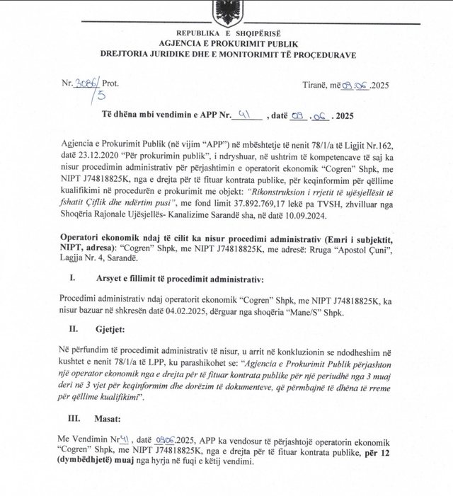 Skualifikohet 1 vit nga tenderët “Cogren”, firma e preferuar e
