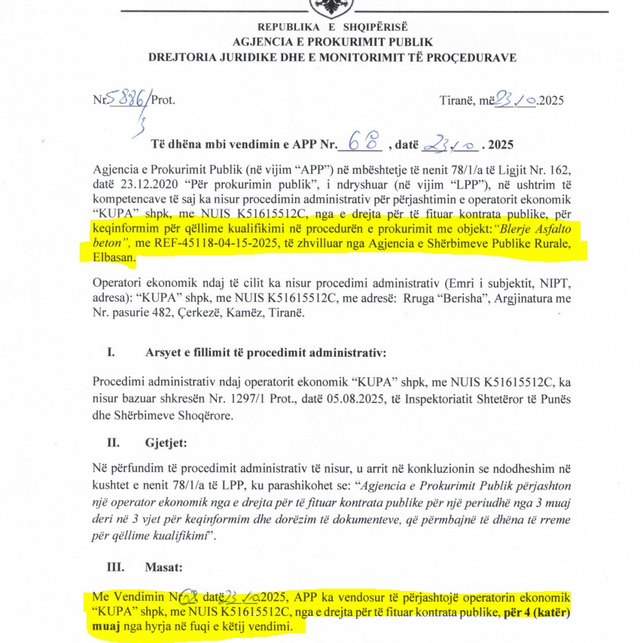 Paracaktim  mashtrim dhe falsifikime  Firma  Kupa  skualifikohet nga tenderët për abuzime