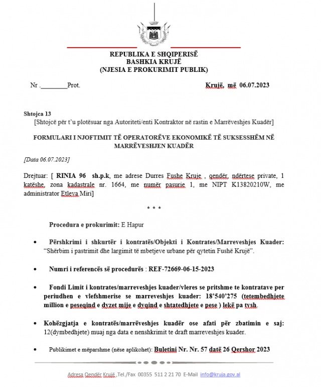 Bushi i Krujës i jep gjithmonë tenderat e pastrimit firmës