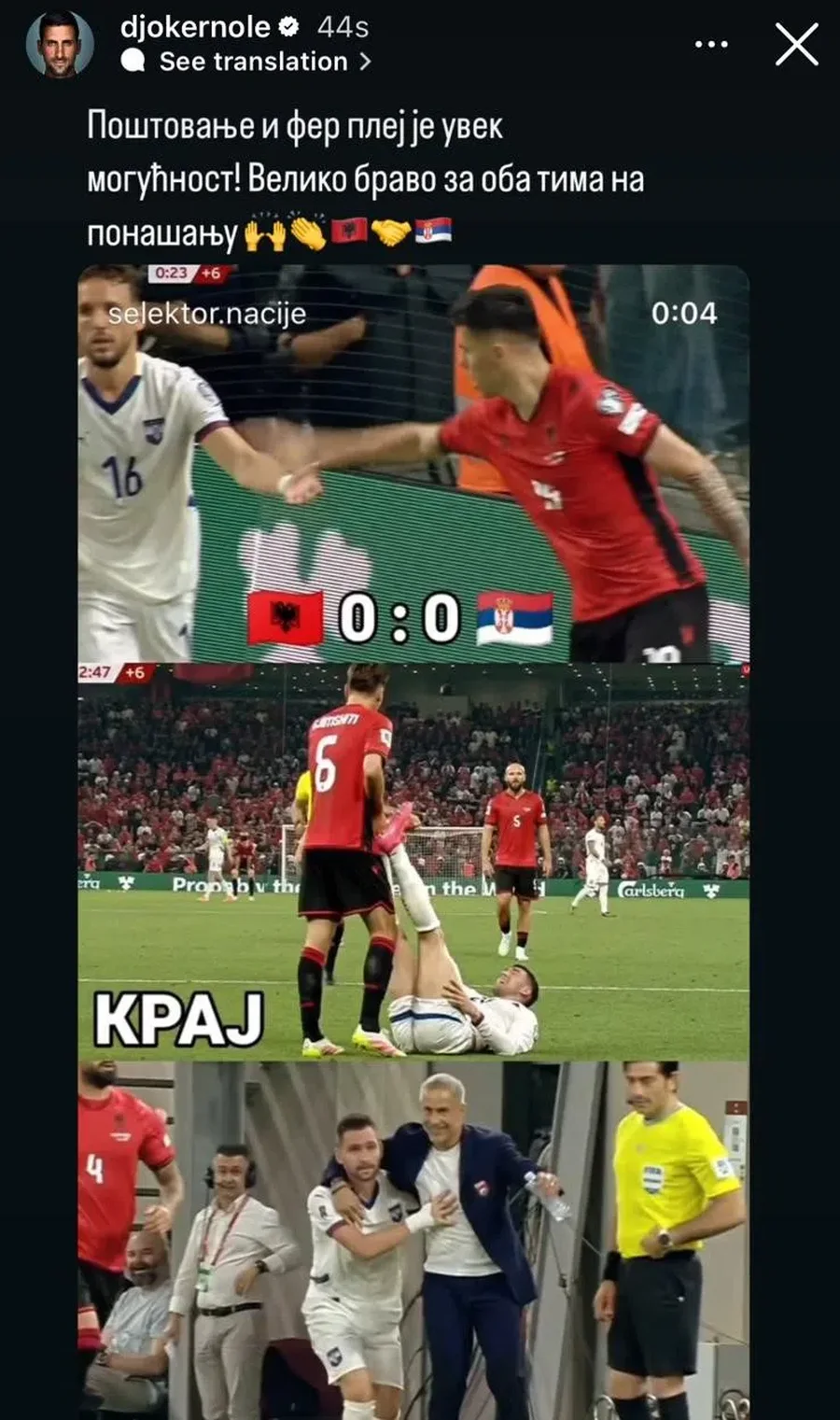 Ndeshja Shqipëri-Serbi/ Nuk mungon edhe reagimi nga tenisti Novak