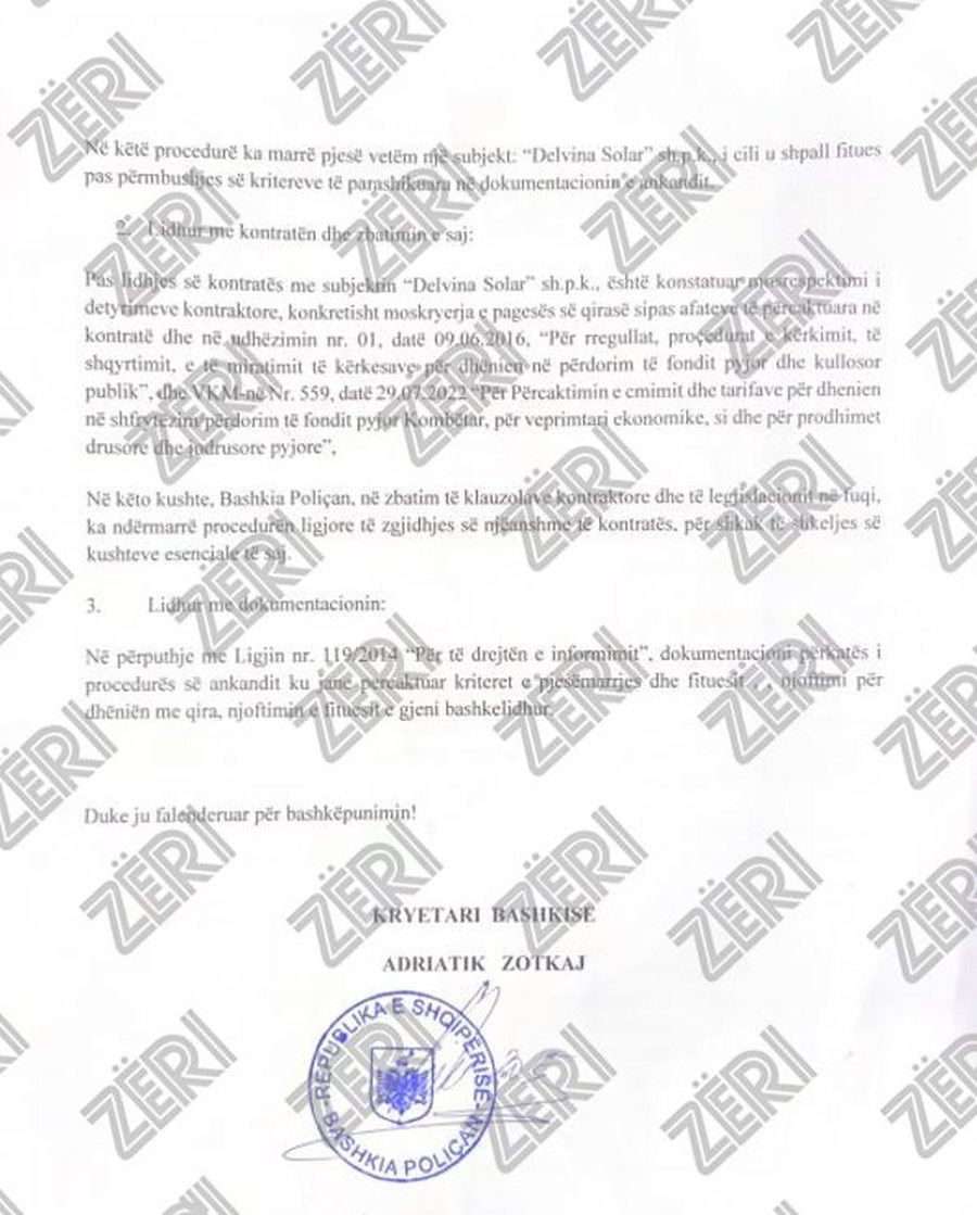 Ankandi për ndërtimin e fotovoltaikut, Zotkaj prish kontratën me