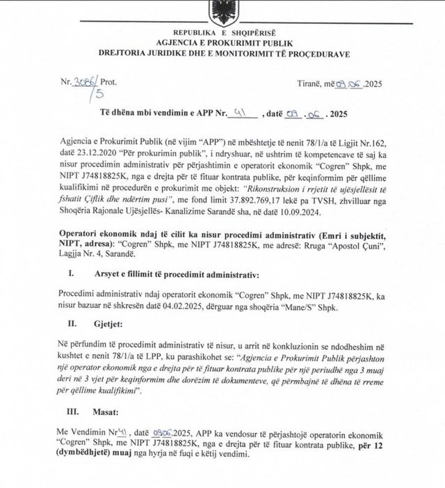 Skualifikohet 1 vit nga tenderët “Cogren”, firma e preferuar e