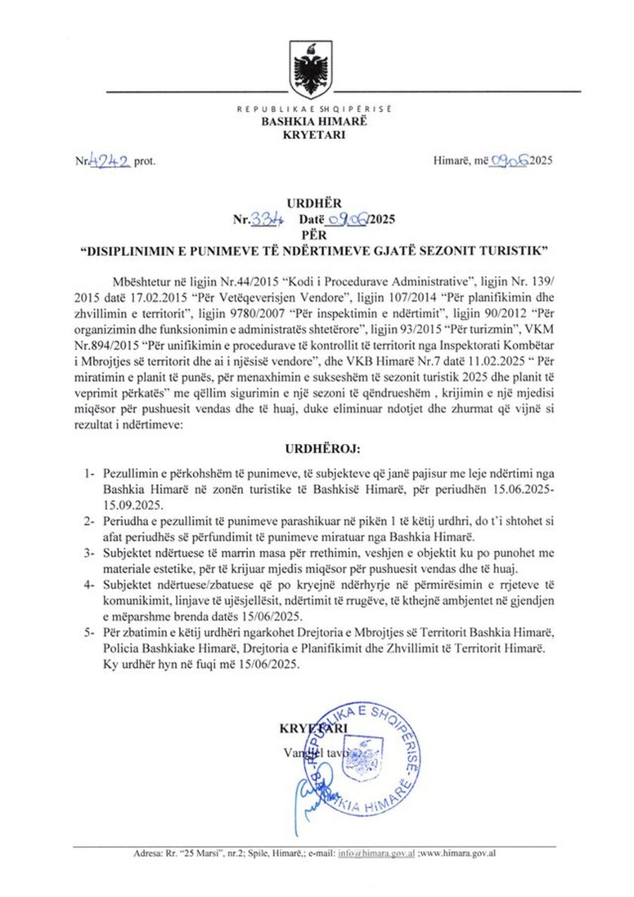 VENDIMI/ Pezullohen ndërtimet në Himarë gjatë sezonit