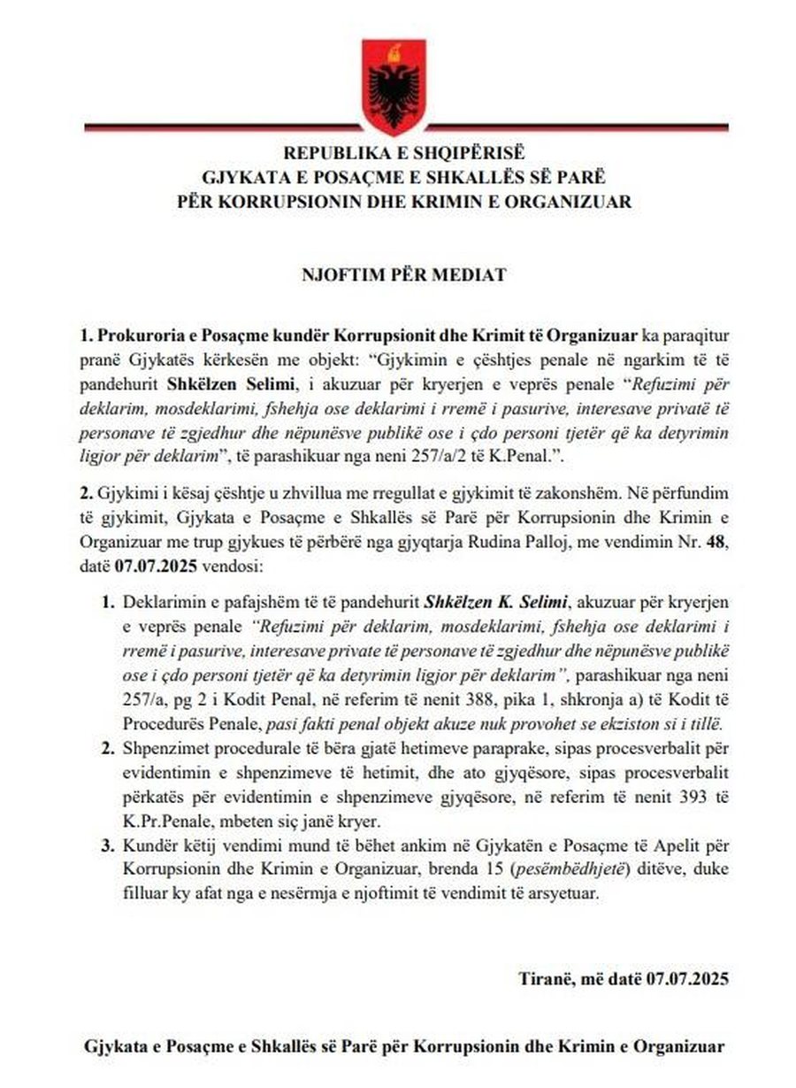 SPAK e akuzoi për fshehje pasurie, shpallet i pafajshëm ish-gjyqtari!