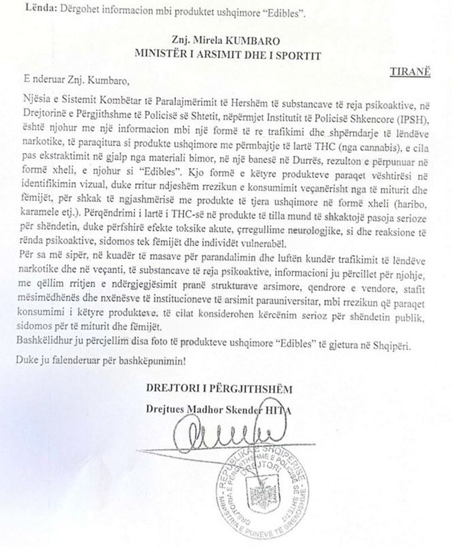 ‘Haribo me kanabis’/ Policia e Shtetit letër Ministrisë