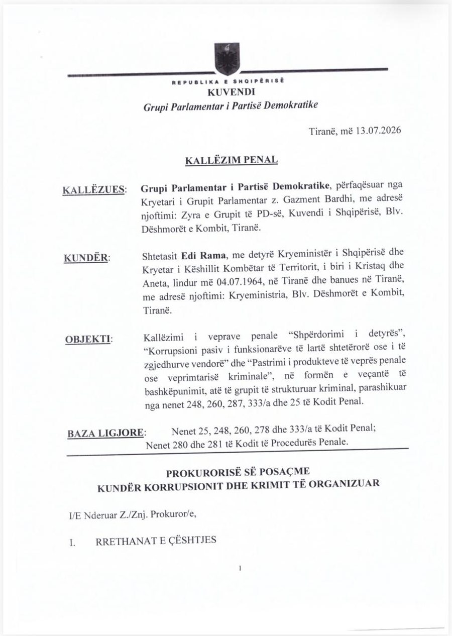 PD kallëzon kryeministrin Rama në SPAK për "Albanian