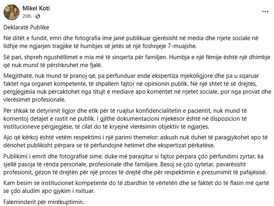 Nën hetim pasi foshnja 7-muajshe humbi jetën, pediatri: S'mund